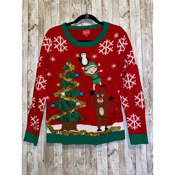 Joyland Ugly Christmas Sweater Rudolph Decorating Tree w/ Elf Snowflakes 3-D - Picture 1 of 8